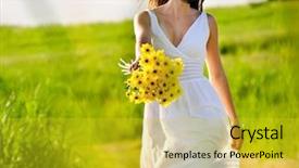  Presentation with summer flowers - Presentation theme with happy life - candid skipping carefree adorable woman background and a gold colored foreground