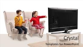  Presentation with eating - PPT theme featuring happy little boy and girl background and a soft green colored foreground