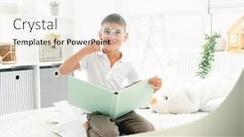  Presentation with children reading - Beautiful presentation design featuring happy-little-boy-reading-book backdrop and a sky blue colored foreground