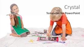  Presentation with children painting - Presentation theme featuring happy little children painting on the floor on white background background and a white colored foreground