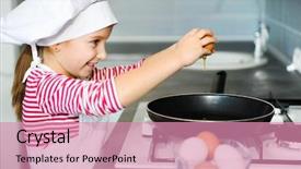  Presentation with cracking - Cool new slide set with happy little girl cracking an egg over pan backdrop and a coral colored foreground