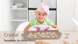  Presentation with eat - Amazing PPT layouts having happy little girl holding a plate with her cookies ready to eat standing in the kitchen backdrop and a soft green colored foreground