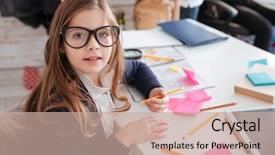  Presentation with column writing - Slides enhanced with happy little girl in glasses background and a coral colored foreground