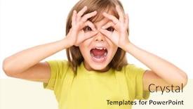  Presentation with glasses - Theme featuring happy little girl is showing glasses gesture isolated over white background and a yellow colored foreground