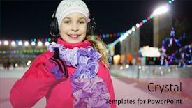  Presentation with skating - Slide deck consisting of happy little girl makes excellent gesture on the silent disco skating in the winter evening background and a coral colored foreground