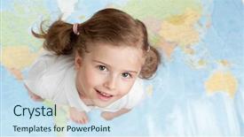  Presentation with old nautical vintage world map - PPT theme having happy little girl on map background and a sky blue colored foreground