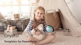  Presentation with teddy bear - Presentation theme consisting of happy-little-girl-with-globe background and a coral colored foreground