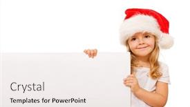  Presentation with girl christmas - PPT theme consisting of happy little girl with santa hat and white cardboard - isolated christmas message background and a sky blue colored foreground