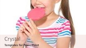  Presentation with lollipop - Cool new PPT theme with happy little girl with big lollipop isolated over white backdrop and a lemonade colored foreground