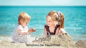  Presentation with sister - Presentation theme having happy little girl and her sister sitting on the beach builds a tower of sand background and a lemonade colored foreground