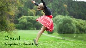  Presentation with dancing - Theme enhanced with happy little girl in a beautiful dress dancing on a lawn in a summer park background and a yellow colored foreground