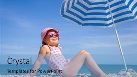  Presentation with under umbrella - Beautiful slide set featuring happy little girl at the seaside under an umbrella in the summer backdrop and a light blue colored foreground