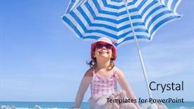  Presentation with under umbrella - Presentation design with happy little girl at the seaside under an umbrella in the summer background and a light blue colored foreground