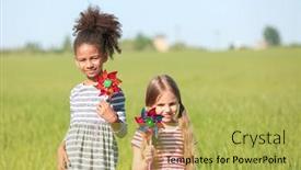  Presentation with windmills - Colorful slide set enhanced with happy little girls with toy windmills in green field backdrop and a yellow colored foreground