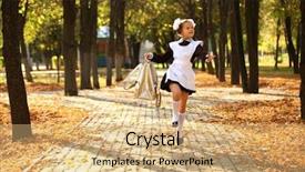  Presentation with home run - Slide deck enhanced with happy little schoolgirl run home from school outdoor autumn park background and a coral colored foreground