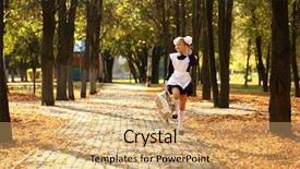  Presentation with home run - Amazing presentation design having happy little schoolgirl run home from school outdoor autumn park backdrop and a coral colored foreground