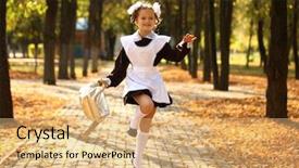  Presentation with home run - Audience pleasing slides consisting of happy little schoolgirl run home from school outdoor autumn park backdrop and a coral colored foreground