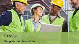  Presentation with logistics - Colorful presentation theme enhanced with happy logistics worker team backdrop and a yellow colored foreground