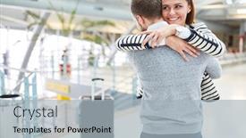  Presentation with airport - Theme having happy-long-distance-couple-hugging background and a light gray colored foreground