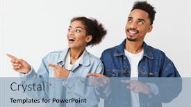  Presentation with denim - Presentation having happy lovely african couple in denim shirts pointing and looking away over grey background background and a light blue colored foreground