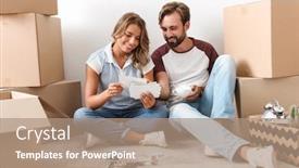  Presentation with old couple - Cool new slide set with happy lovely couple moving to a new flat sitting on a floor surrounded with boxes looking through old photos backdrop and a coral colored foreground