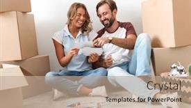  Presentation with old couple - Beautiful presentation design featuring happy lovely couple moving to a new flat sitting on a floor surrounded with boxes looking through old photos backdrop and a coral colored foreground