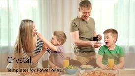  Presentation with family healthy eating - Beautiful PPT layouts featuring happy lovely family eating pizza backdrop and a coral colored foreground