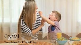  Presentation with pizza - PPT theme with happy lovely family eating pizza background and a coral colored foreground