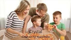  Presentation with pizza - PPT theme with happy lovely family eating pizza background and a coral colored foreground
