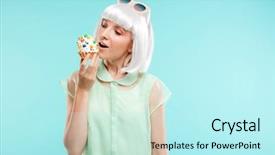  Presentation with cupcake - Colorful slide set enhanced with happy lovely young woman in blonde wig eating cupcake over blue background backdrop and a cool aqua colored foreground