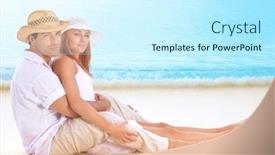  Presentation with honeymoon - PPT theme with happy lovers on the beach beautiful young couple sitting on sandy coast and hugging enjoying each other and romantic honeymoon vacation background and a cool aqua colored foreground