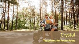  Presentation with happy image - PPT theme featuring happy loving couple holding map background and a coral colored foreground