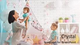  Presentation with loving mom - Cool new presentation theme with happy loving family mother and her daughters girls play in children room funny mom and lovely children are having fun indoors backdrop and a lemonade colored foreground