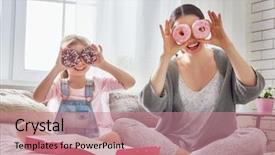  Presentation with donuts - Cool new PPT layouts with happy loving family mother and her daughter child girl are eating donuts and having fun on the bed in the room backdrop and a coral colored foreground