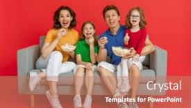  Presentation with movies - Cool new PPT theme with happy-loving-family-on-bright backdrop and a coral colored foreground