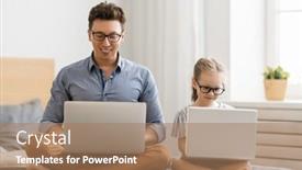  Presentation with child laptops - Presentation theme consisting of happy-loving-family-young-father background and a coral colored foreground