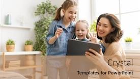  Presentation with loving mom - Colorful PPT layouts enhanced with happy-loving-family-young-mother backdrop and a coral colored foreground