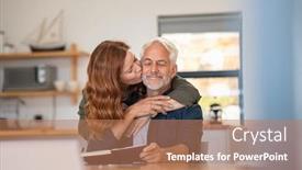  Presentation with old couple - Colorful slide set enhanced with happy-loving-woman-kissing-old backdrop and a coral colored foreground