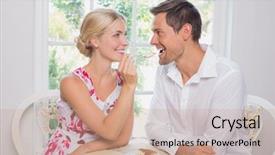  Presentation with dining - Slide deck enhanced with happy loving young woman feeding man pastry at dining table at home background and a coral colored foreground