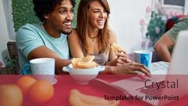  Presentation with friends - Amazing PPT layouts having happy-male-and-female-friends backdrop and a red colored foreground