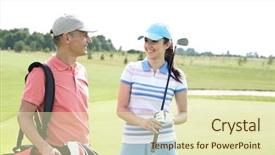  Presentation with course - Beautiful PPT layouts featuring happy male and female golfers communicating at course backdrop and a soft green colored foreground