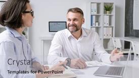  Presentation with laptop - Beautiful slide deck featuring happy-male-broker-pointing backdrop and a light gray colored foreground