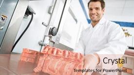  Presentation with butcher - Colorful slide set enhanced with portrait of happy male butcher backdrop and a coral colored foreground