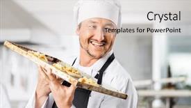  Presentation with commercial - Presentation theme enhanced with happy male chef looking away while holding small pizzas on baking sheet in commercial kitchen background and a lemonade colored foreground