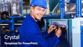  Presentation with industrial machine - Audience pleasing presentation design consisting of happy male electrician working on industrial machine backdrop and a navy blue colored foreground