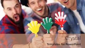  Presentation with friends - Colorful presentation theme enhanced with happy-male-friends-cheering backdrop and a coral colored foreground