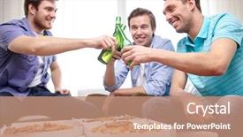  Presentation with pills alcohol - Beautiful presentation theme featuring happy male friends clinking beer backdrop and a coral colored foreground