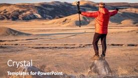  Presentation with fall mountains - PPT theme enhanced with happy-male-hiker-with-trekking background and a coral colored foreground