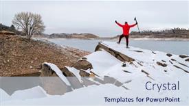  Presentation with rocky shore - PPT layouts with happy-male-hiker-with-trekking background and a sky blue colored foreground