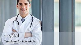  Presentation with portrait of medical professionals - Slides consisting of happy male medical doctor portrait background and a  colored foreground